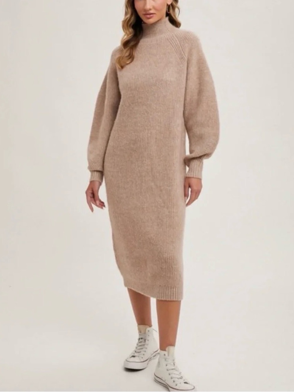 Cozy High-Neck Midi Sweater Dress in Light Beige